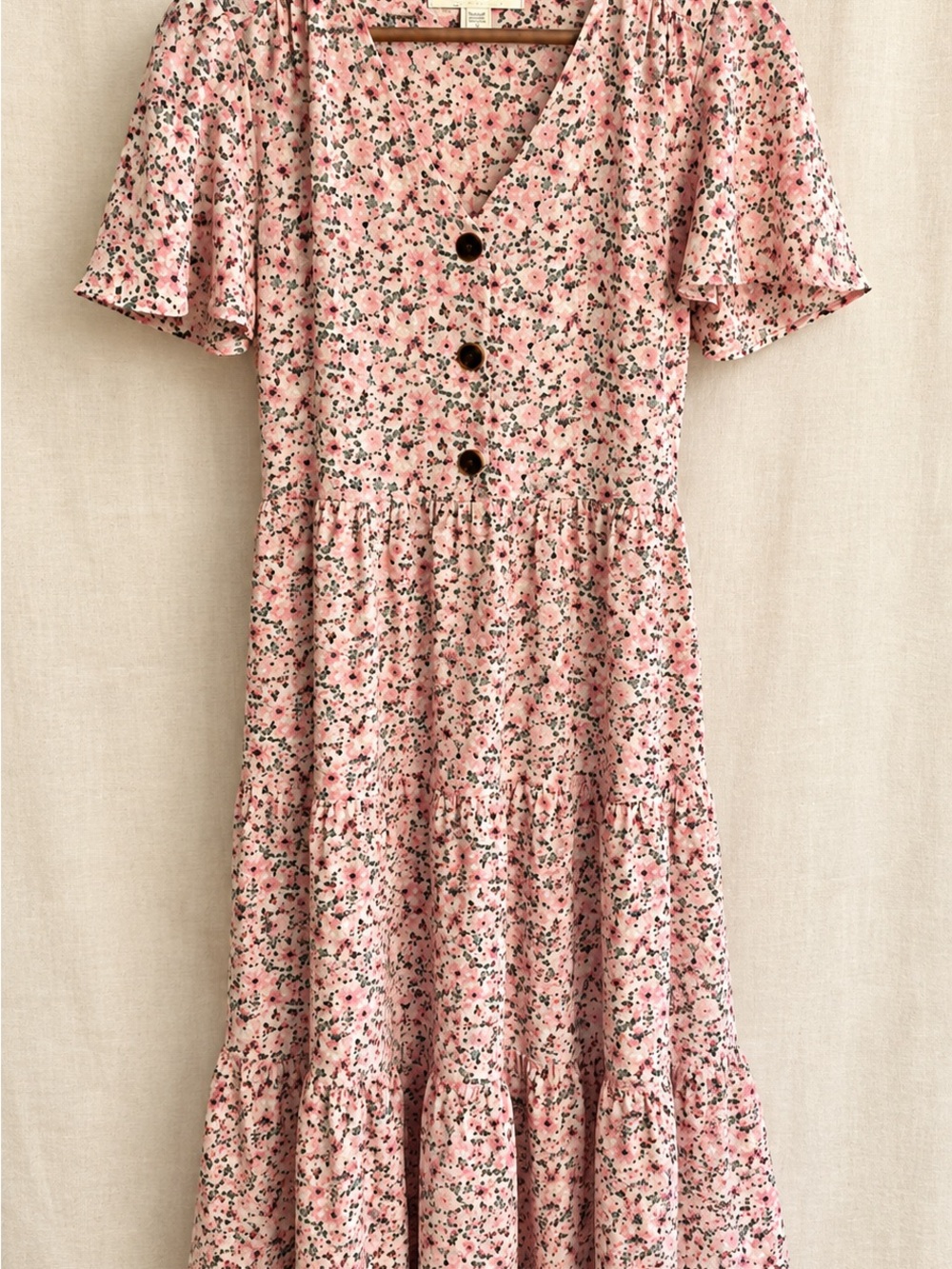 Monteau Los Angeles Pink Floral Tiered Midi Dress Flutter Sleeve S